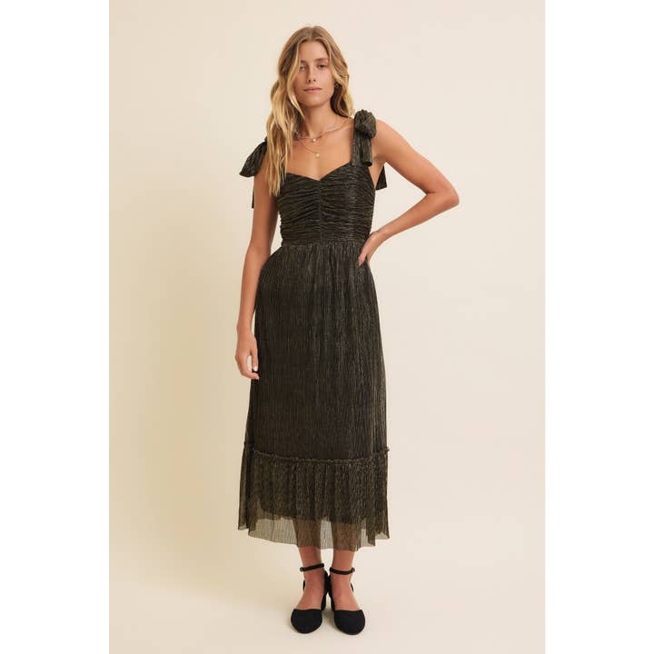 in february - Wholesale Dress - Women's - METALLIC MESH SHOULDER TIE PLEATED MIDI DRESS