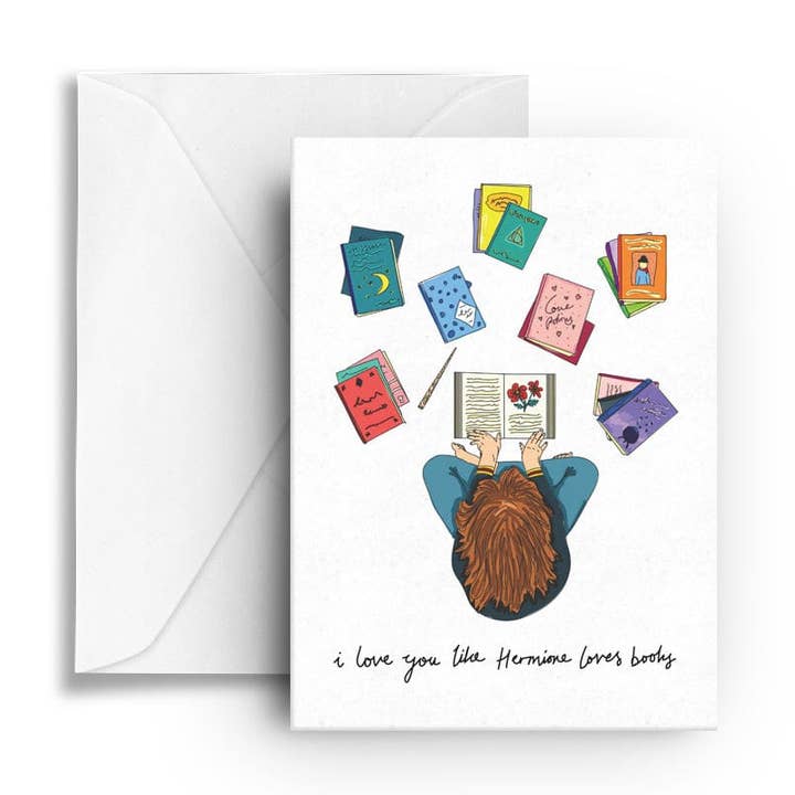 Te quiero como Hermione ama los libros | tarjeta de felicitación para venta al por mayor de Nook & Burrow