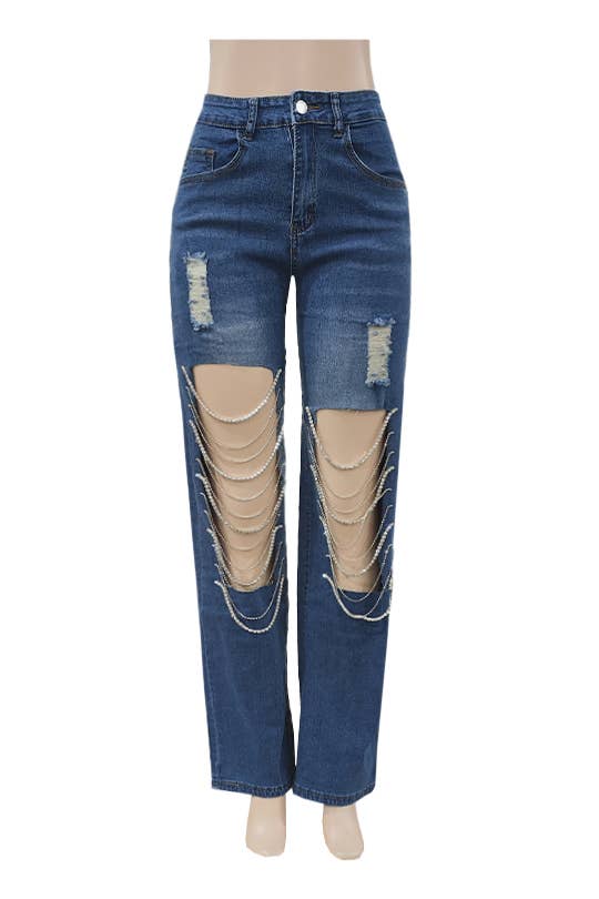 Rosa Clothing - Wholesale Jeans - Women's - Denim & Diamonds Rhinestone Chain Ripped Cut Out Jeans0