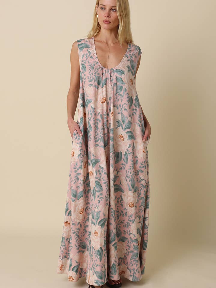 Edith Blommig Ärmlös Klänning för wholesale av Olivaceous