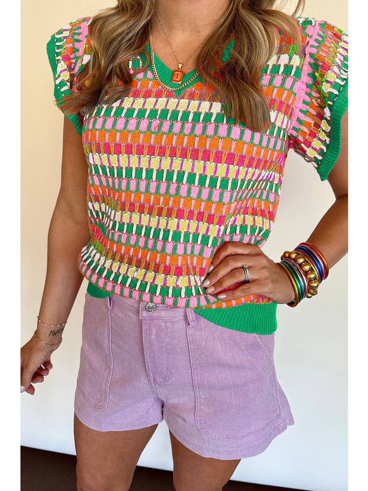 PRETTY BASH - Wholesale Knit Top - Women's - Stripe Flutter Sleeve Sweater Top