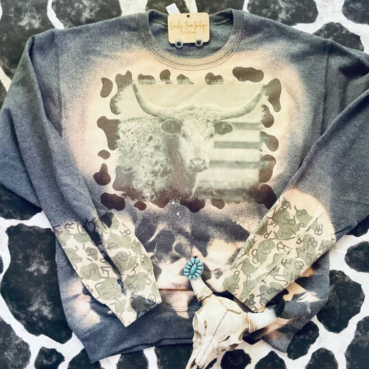 Longhorn Cow Print & Cattle Sweatshirt for wholesale by Ranchy Roan Boutique