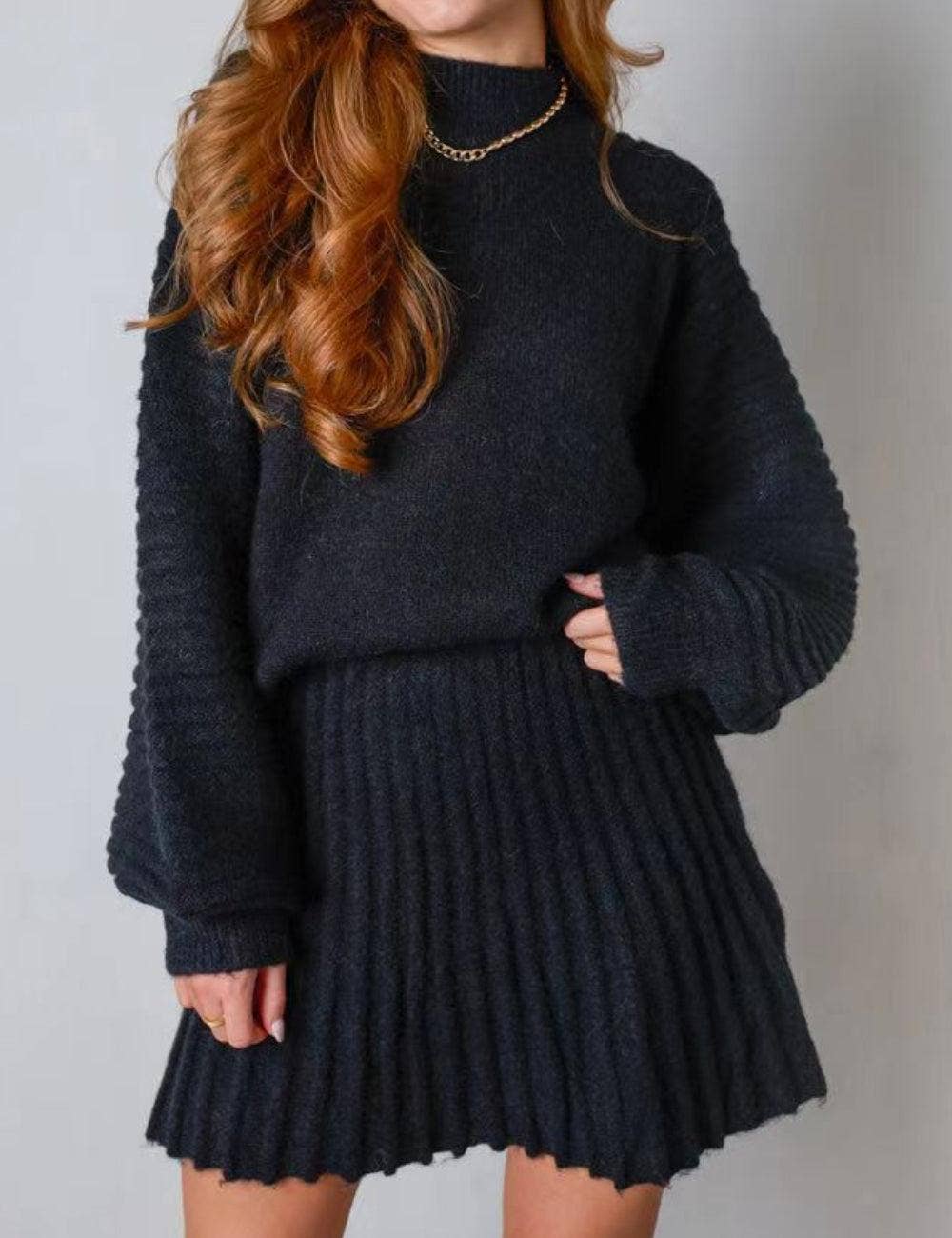 Sweetkama - Wholesale Top & Skirt Set - Women's - Ladies Solid Color Pullover Sweater Dress & Mini Skirt Set SKST410081