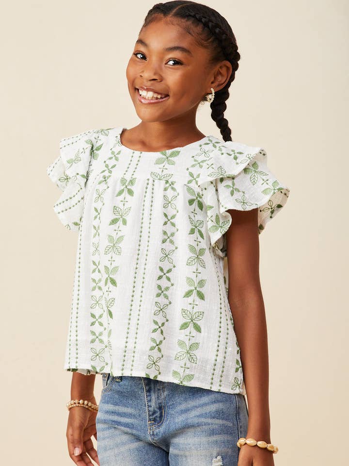 Girls Botanical Embroidered Layered Ruffle Top for wholesale by Hayden LA