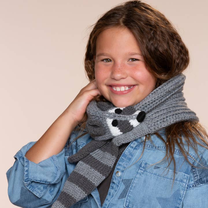 Peppercorn Kids - Wholesale Scarf - Kids - Kids Raccoon Knit Scarf with Snap Closure - Grey Unisex 5-121
