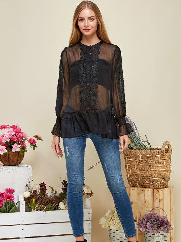 Blusa casual de gasa transparente con botones para venta al por mayor de The Steven Wick Company