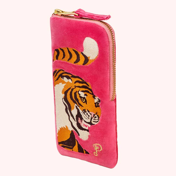 Velvet Embroidered Glasses Pouch - Thrill of the Tiger for wholesale by Powder Design inc - US