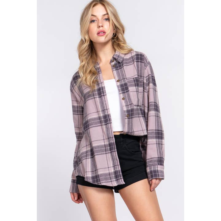 CAMISA LARGA A CUADROS CON BOLSILLO FRONTAL SLV para venta al por mayor de Paperdoll