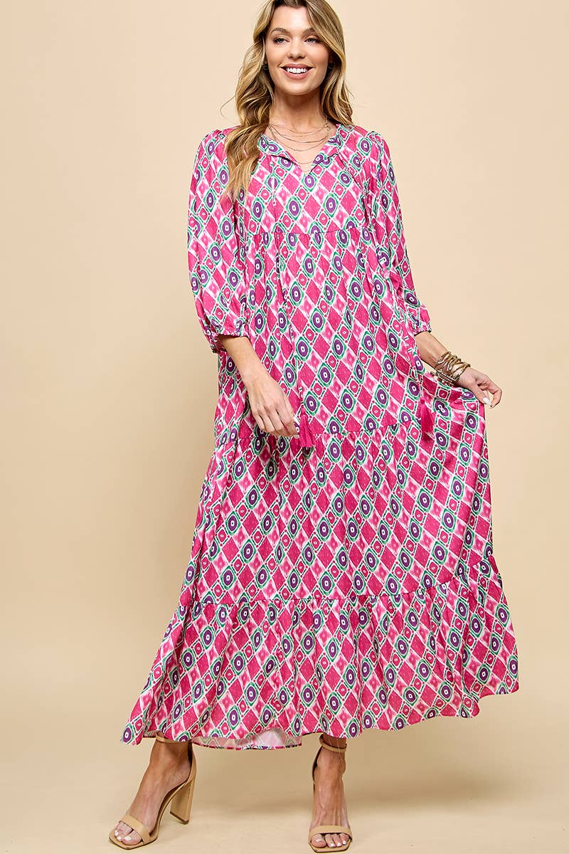 Cezele - Wholesale Dress - Women's - 3/4 Lantern Sleeve Print Boho Maxi Dress10