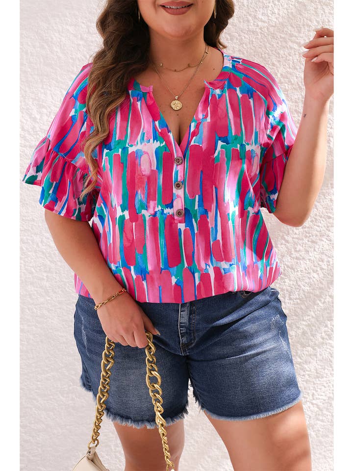 Rose Abstract Ruffle Sleeve Buttoned Blouse Plus Size for wholesale on Faire
