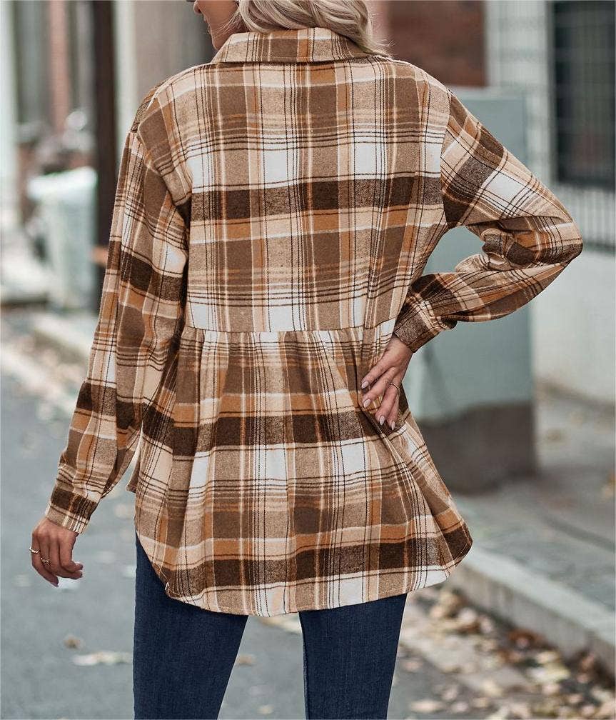 Rosa Clothing - Wholesale Button Down Shirt - Women's - Pocket long-sleeve plaid shirt jacket7