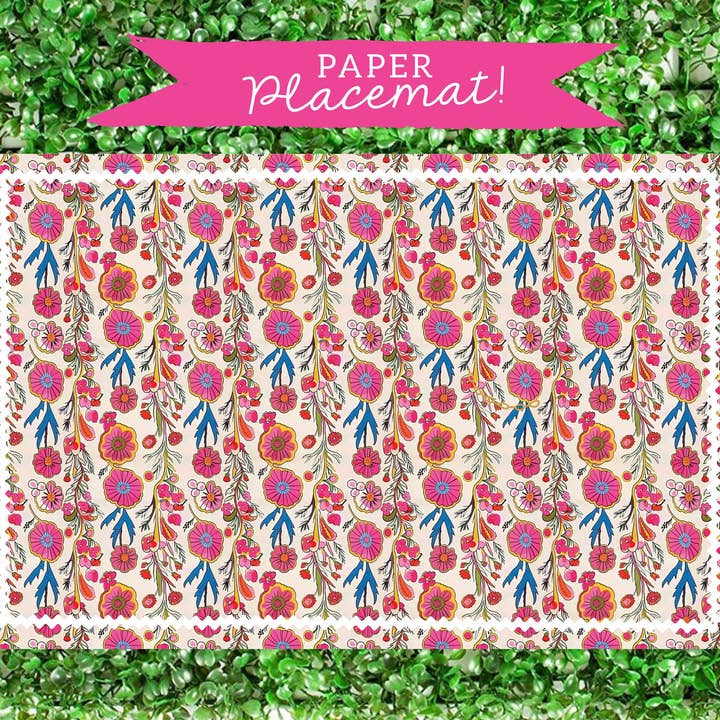 Floral Block Print Ricrac Border Paper Placemats Set Of 24 for wholesale by billet-doux