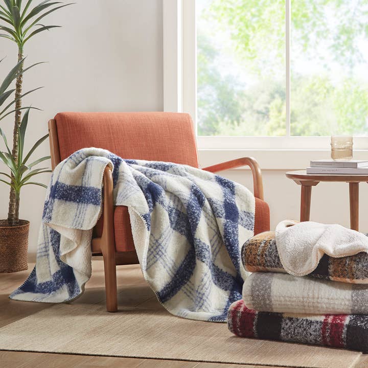 Plaid Faux Mohair Sherpa Throw Blanket 50x60", Red for wholesale on Faire
