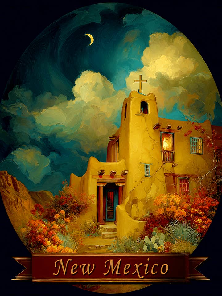 Vintage Adobe Church New Mexico Souvenir Art Print - 8"x10" Artwork for wholesale by Mowbi