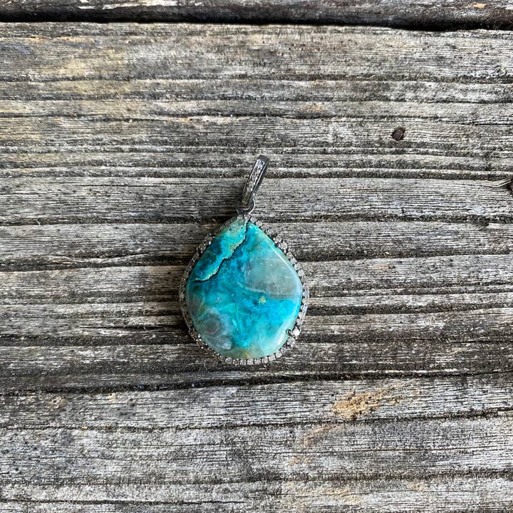 Chrysocolla and Pave Diamond Border Pendant for wholesale by ILISSA MICHELE JEWELRY