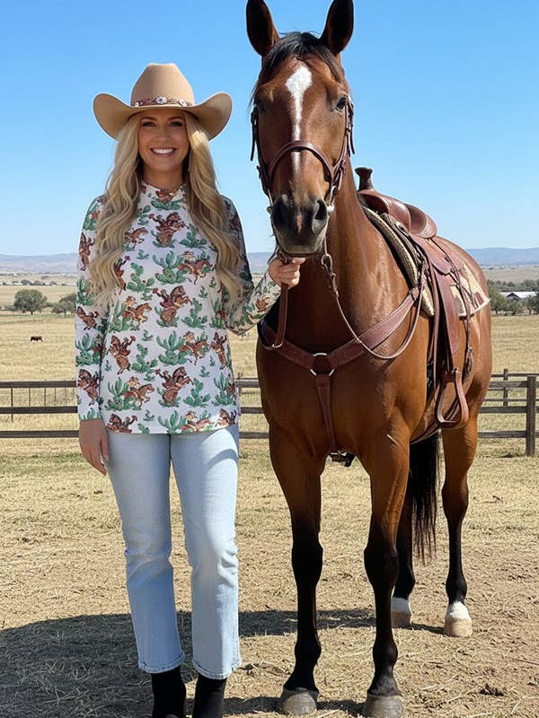 Western horse riding & cactus mesh women top XCH16922 for wholesale by luluclothes