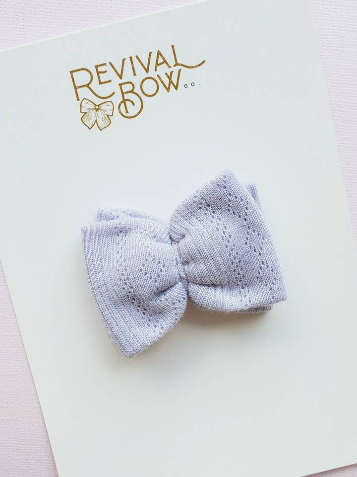 Mae Bow on Clip or Headband • Lavender Pointelle for wholesale by Revival Bow Co.