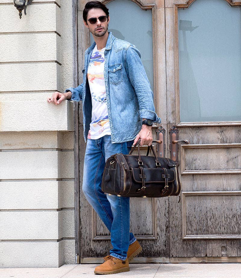 RockCow Leather Studio - Wholesale Weekender Bag - Men's - Vintage Leather Weekend Bag with Shoes Compartment, Crazy Horse Leather Duffle Bag, Large Travel Bag16