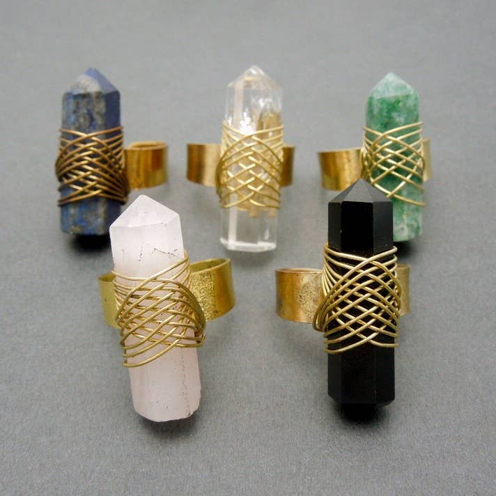 Crystal Point Ring - Brass Crystal Point Wire Wrapped Ring for wholesale by Jewelers Paradise
