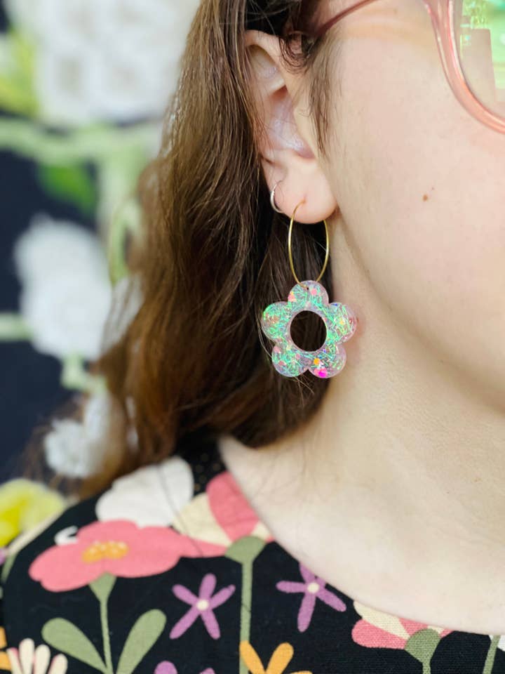 Flower Power Hoop Earrings for wholesale by Raspberry Resin