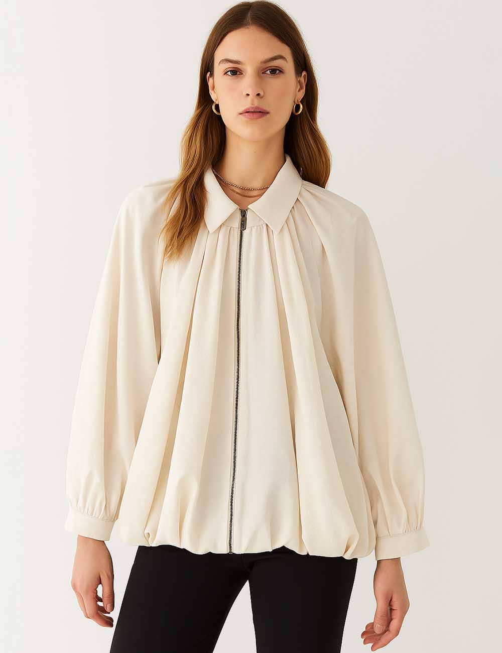 Sweetkama - Wholesale Jacket - Women's - Ladies Balloon Hem Bomber Jacket Zip Up Long Sleeves Coat3