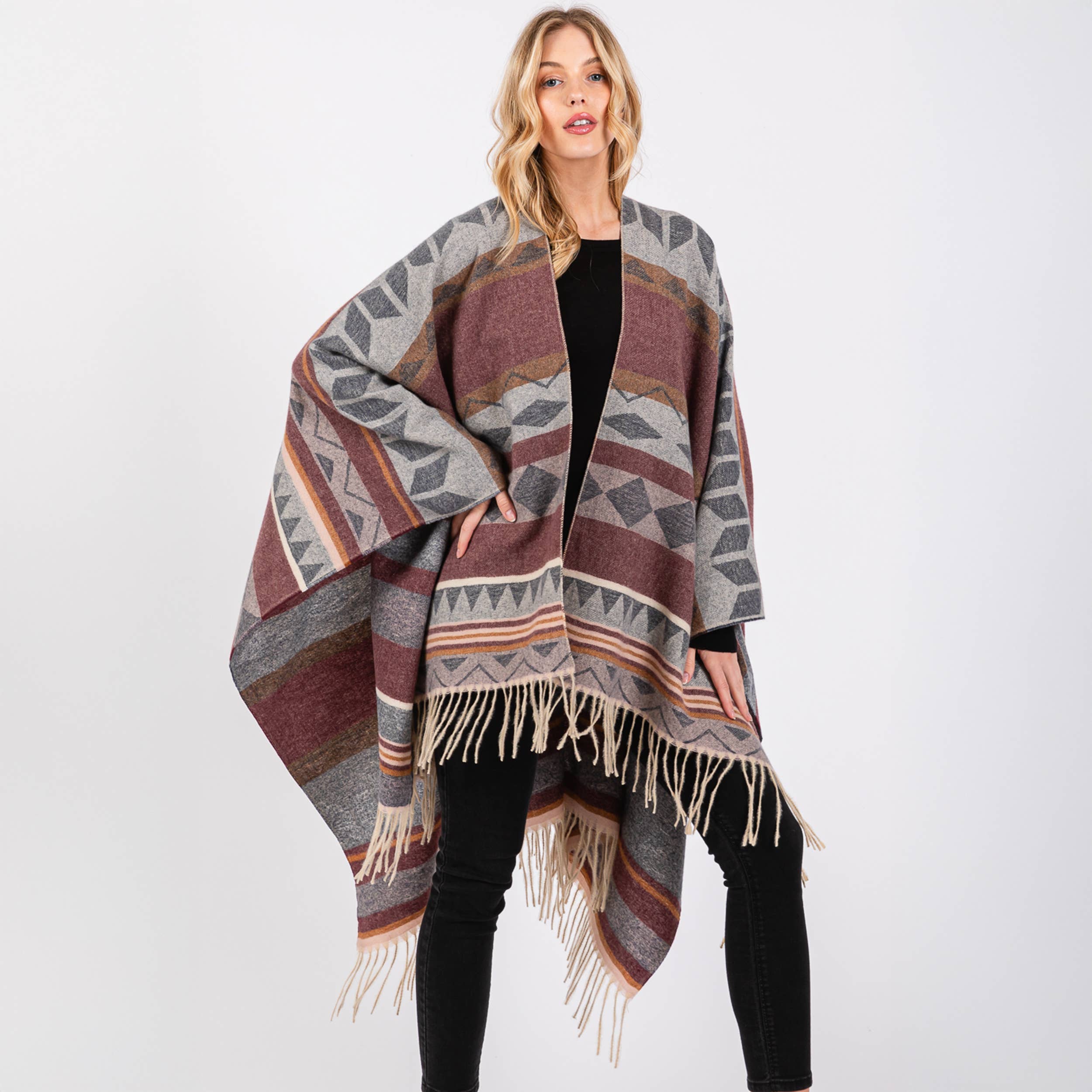 Hana – wholesale Kimono – Women's – Aztec Pattern with Fringe Ruana Winter Kimono7