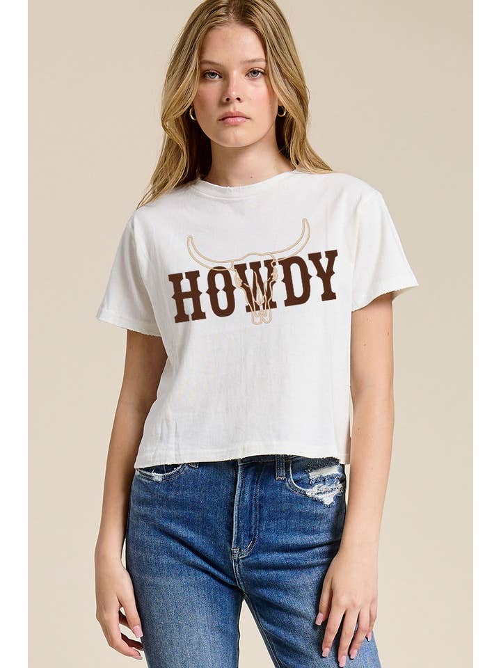Zutter - Wholesale Screen Printed T-Shirt - Women's - PUFF' Cow Skull Howdy Graphic S/S Seamless Faux Crop10
