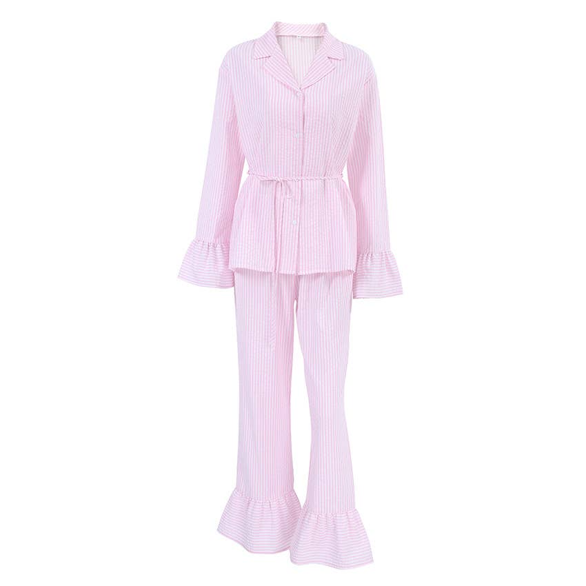 PINK Cozy Striped Pajamas with Delicate Ruffled Edges for wholesale on Faire6