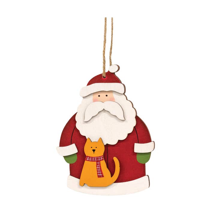 Santa With Cat Wooden Christmas Ornament for wholesale by The Hearthside Collection