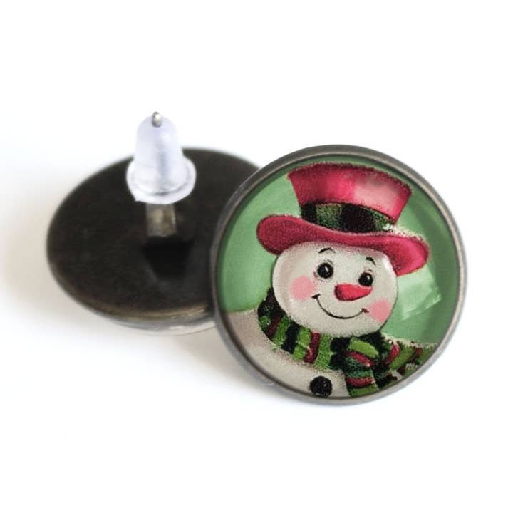 Pink Christmas Snowman Glass Cabochon Stud Earrings for wholesale by The Divine Iguana
