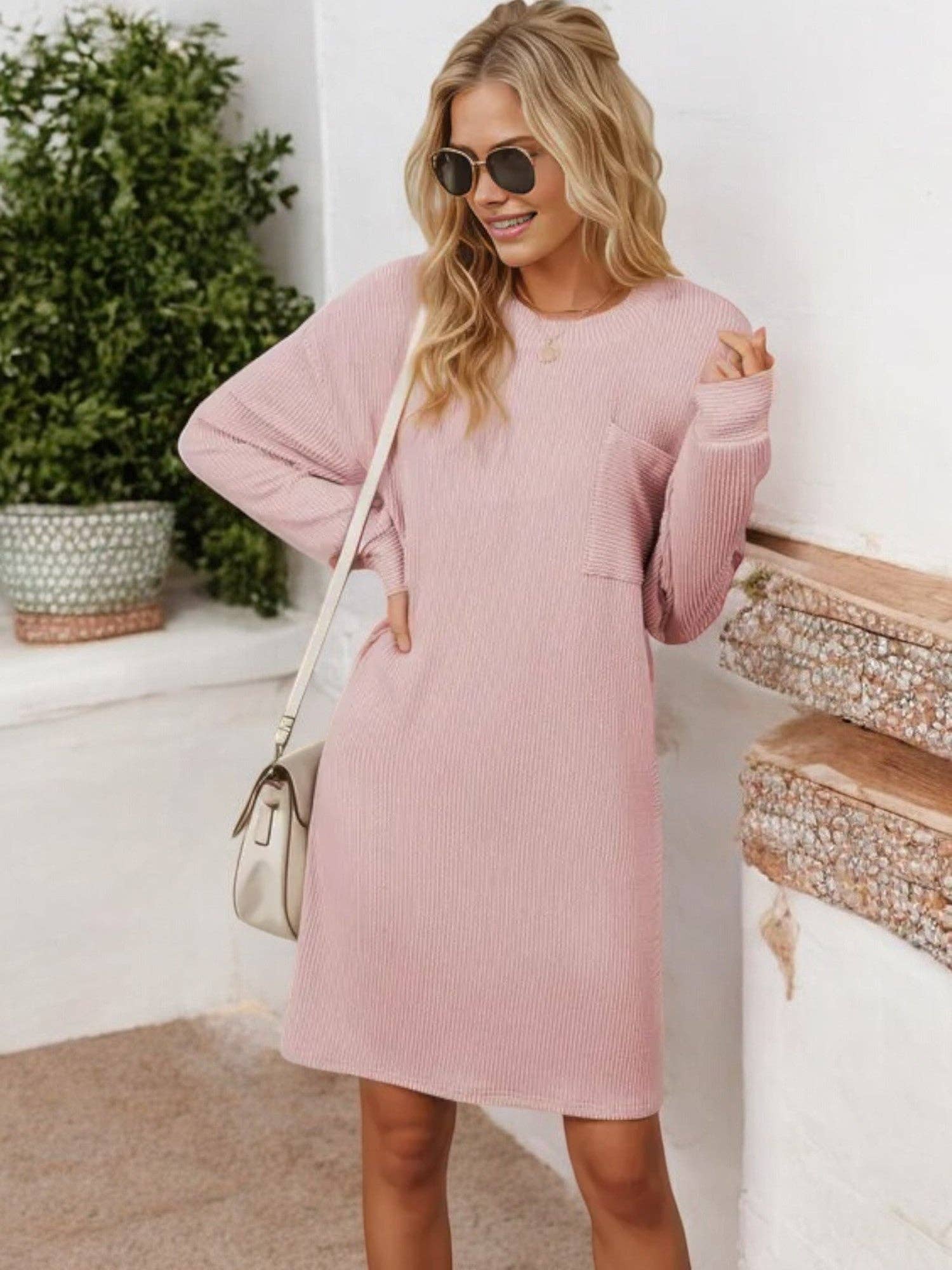 Anna Kaci Wholesale – wholesale Dress – Women's – Long Sleeve Ribbed Knit Dress with Front Pocket Detail1