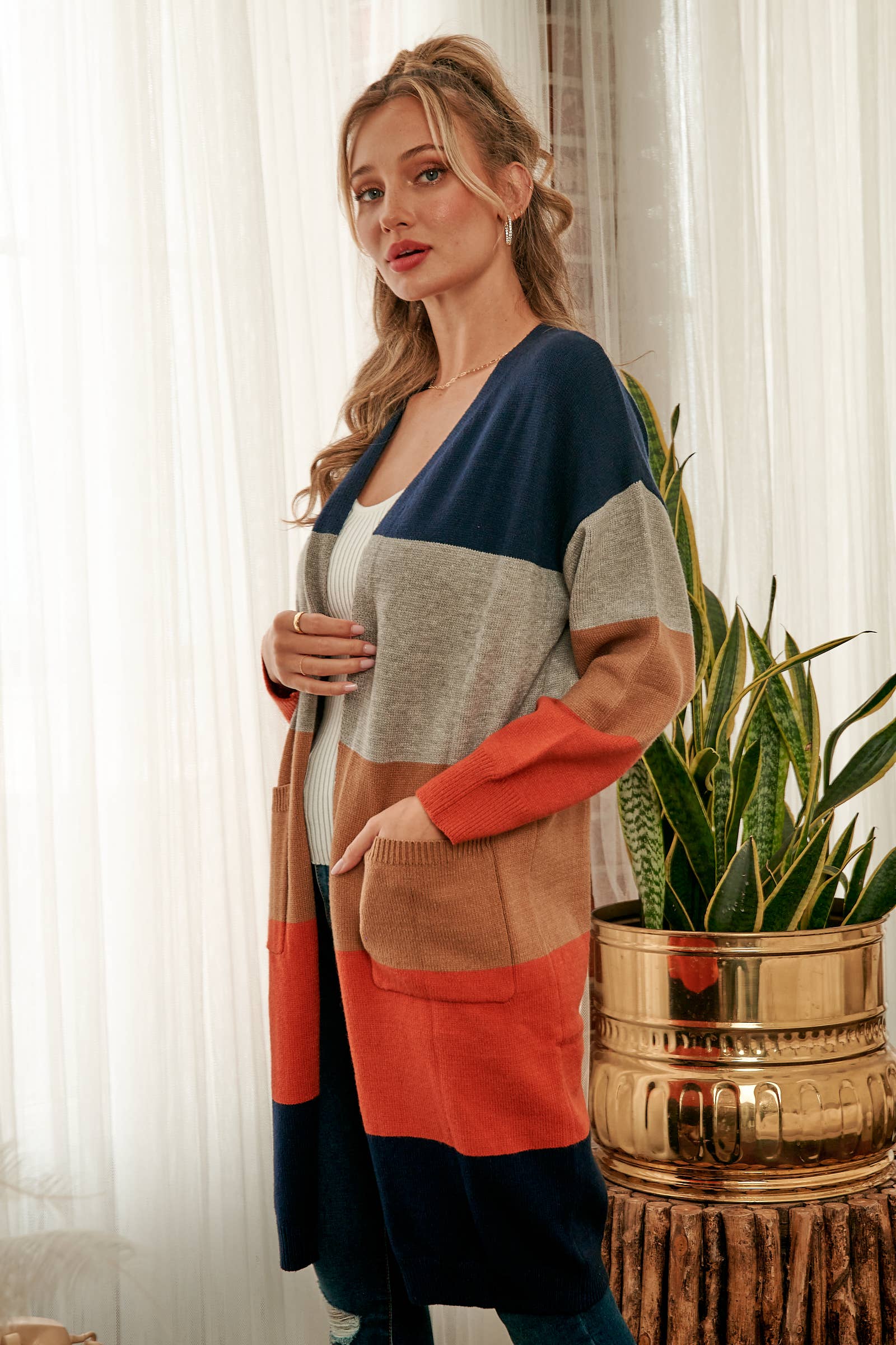 Nicabel - Wholesale Cardigan - Women's - Color-blocked midi-length sweater cardigan-SW60587