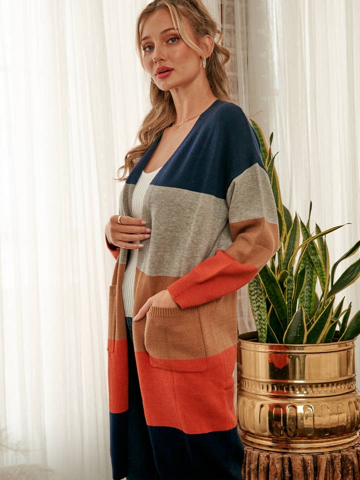 Nicabel - Wholesale Cardigan - Women's - Color-blocked midi-length sweater cardigan-SW60587