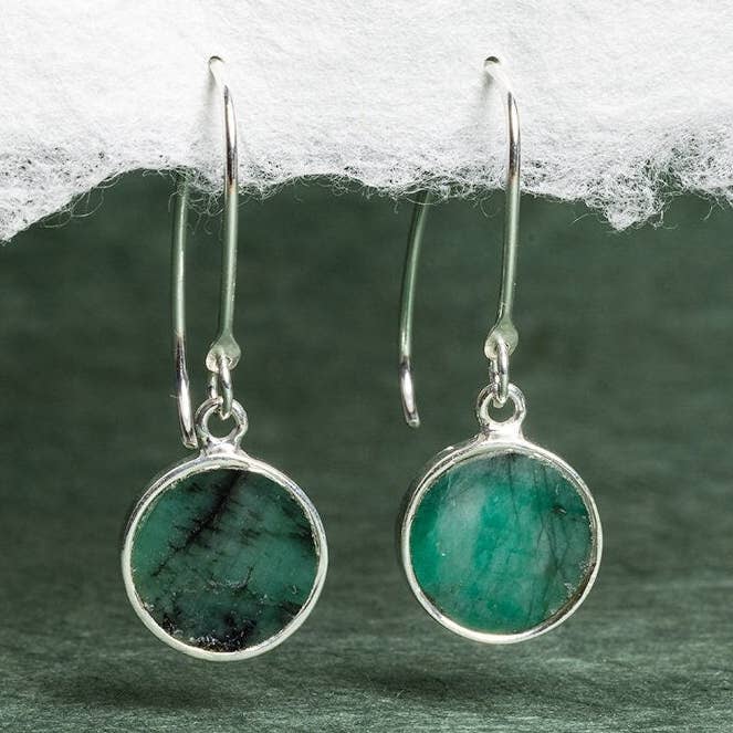 Raw Emerald 925 Sterling Silver long circle drop earrings for wholesale by Soul & Little Rose