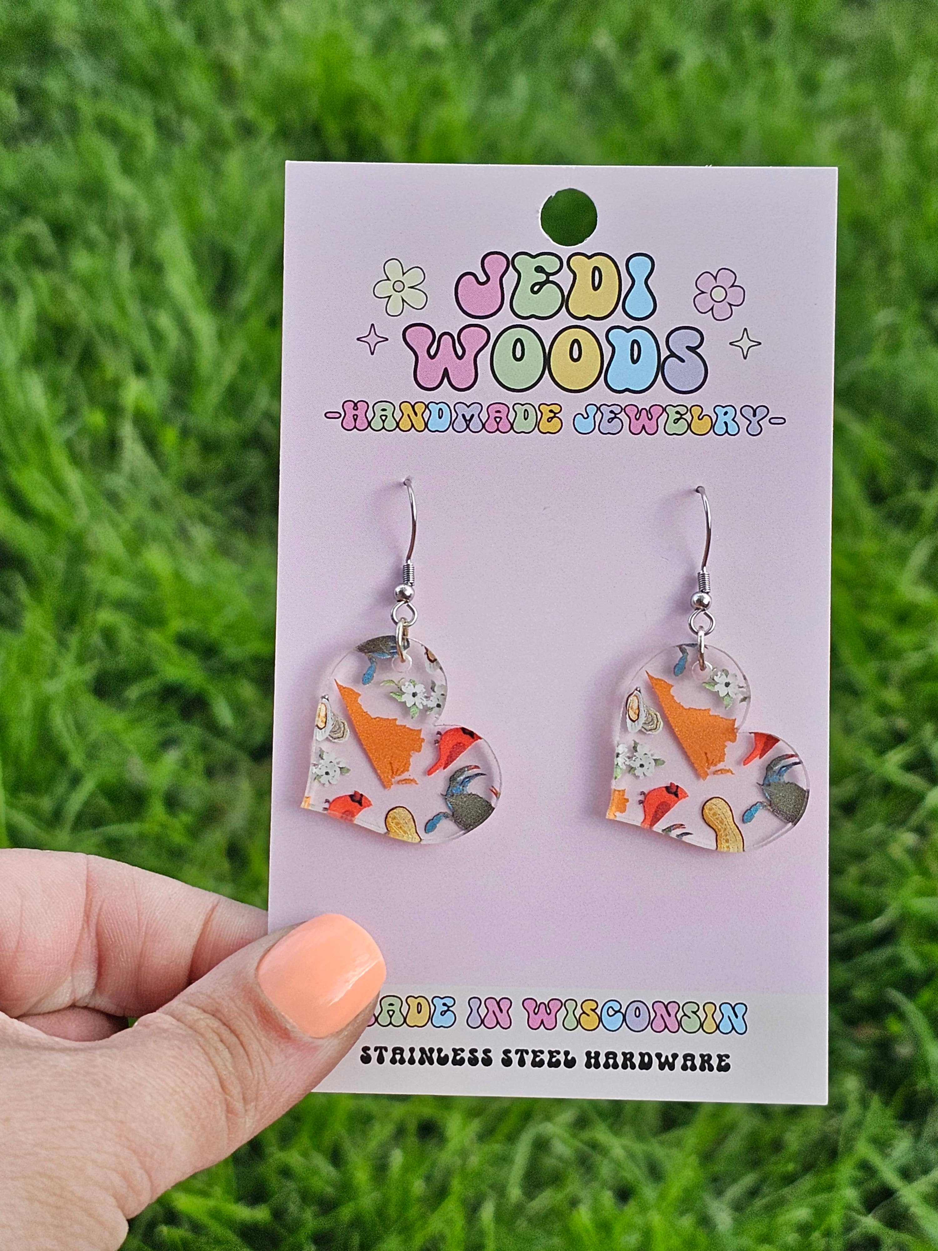 Jedi Woods LLC - Wholesale Dangle Earrings - Heart Shaped Virginia Themed Icon Earrings1