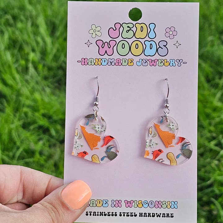Jedi Woods LLC - Wholesale Dangle Earrings - Heart Shaped Virginia Themed Icon Earrings1