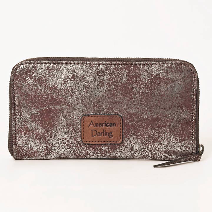 LS Western - Wholesale Wallet – Women's - ADBGZ776 Western Metallic Distressed Leather Wallet - Silver-Foiled Zip Clutch3