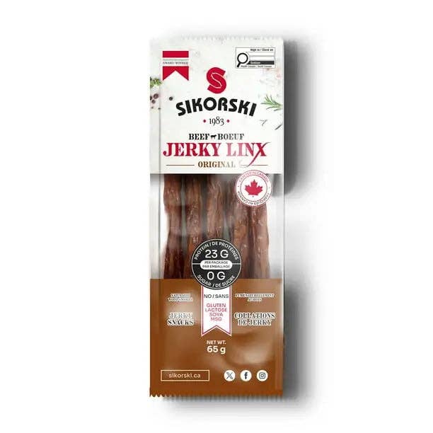 Sikorski Jerky LinX Rind Original Jerky Snacks 65 g Karton mit 18 Stück für den Großhandel von Echo Sales Canada