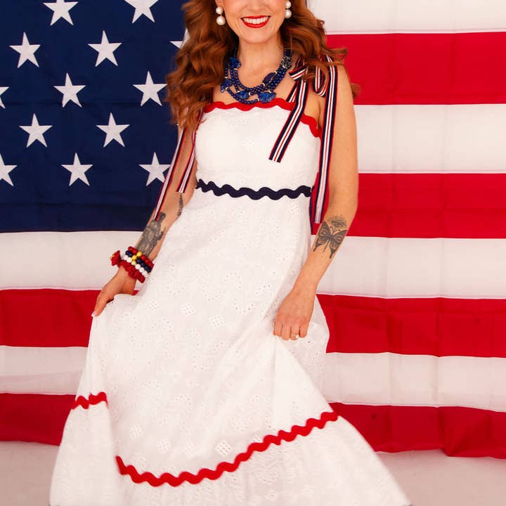 White Eyelet Americana Maxi Dress for wholesale by Brianna Cannon