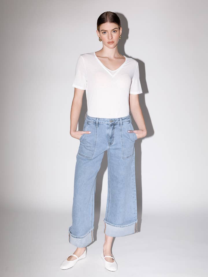 JEAN LARGE BAGGY À REVERS SUPER TAILLE HAUTE V3670 pour la vente par VERVET by FLYING MONKEY