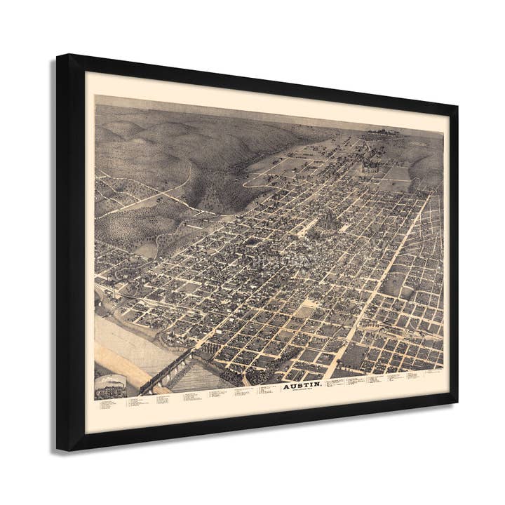 1887 Map of Austin Texas - Framed Vintage Austin Texas - Old City of Austin Texas Map - Bird's Eye View of Austin TX Map History Wall Art Poster for wholesale by Historic Prints