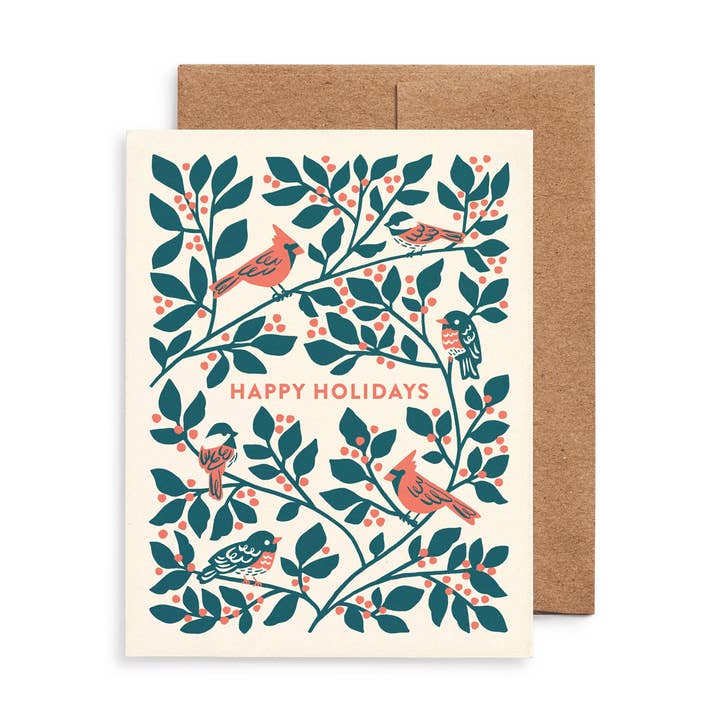 Birds & Winterberry Christmas Card: Original Art for wholesale by Nuthatch Studio