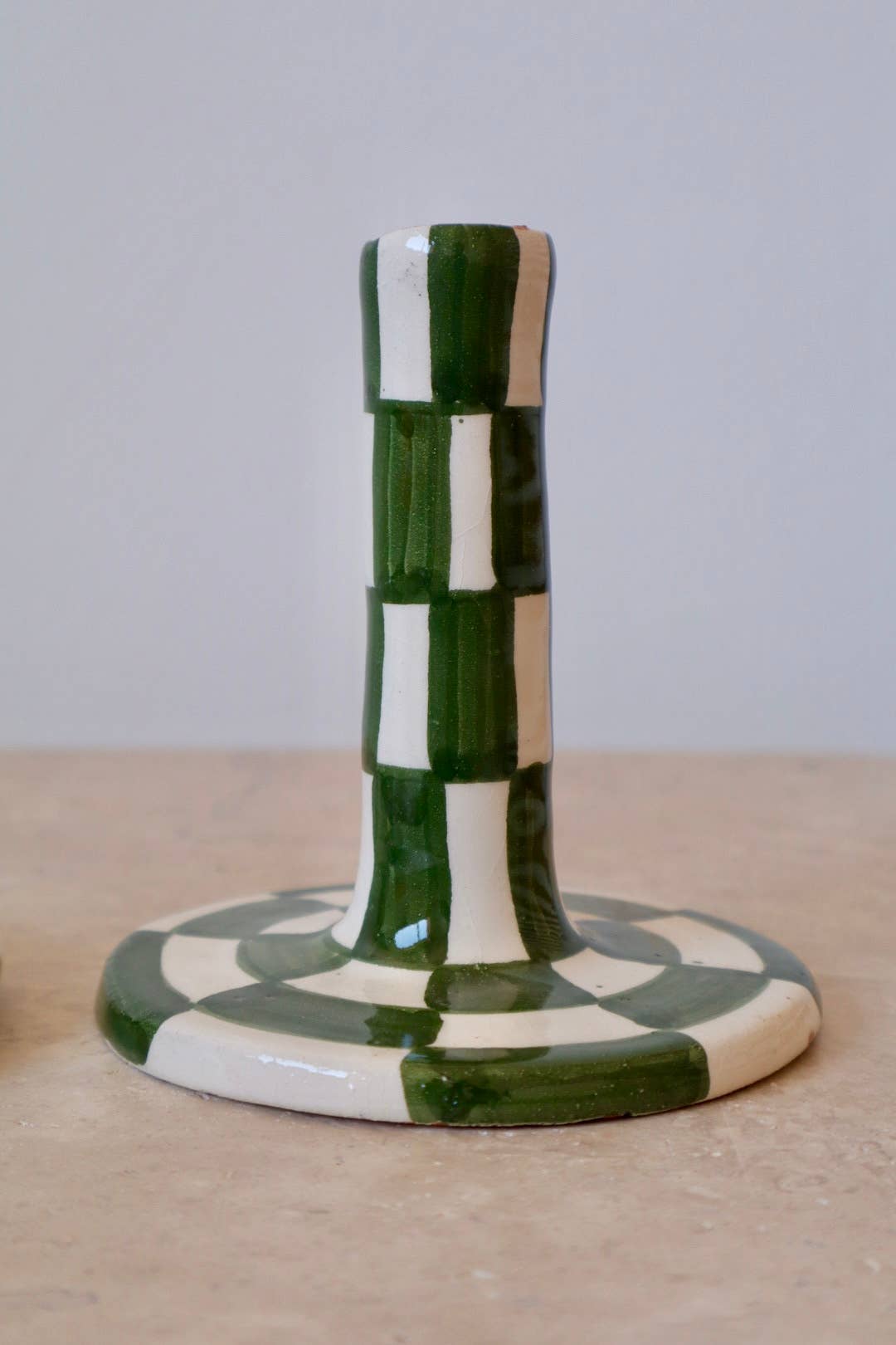 Néda - Wholesale Candle Holder - Handmade Green and White Checkered Ceramic Candle Holder7