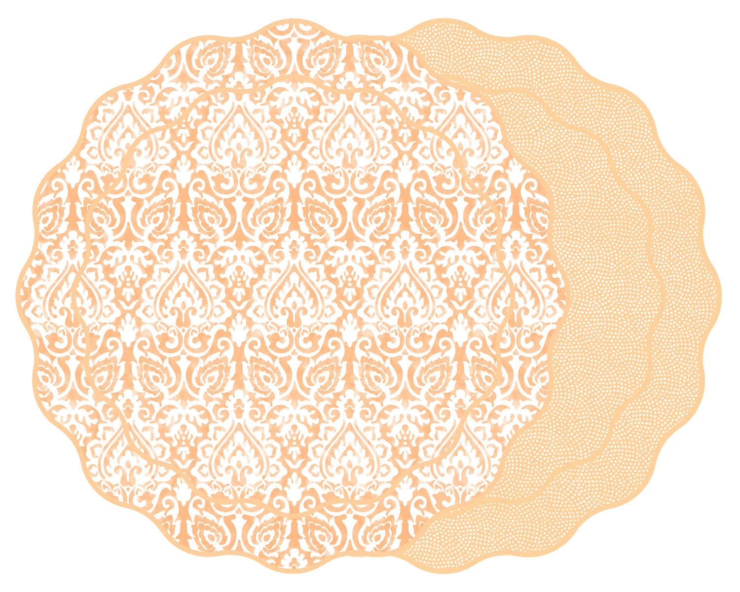 Holly Stuart Home – wholesale Placemat – DAMASK AND DOT FAN REVERSIBLE SCALLOP ROUND PLACEMAT2