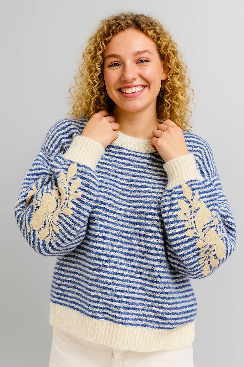 Blue ✨Striped Embroidered Wool Sweater – Softness & Elegance in Knit AP160 for wholesale on Faire