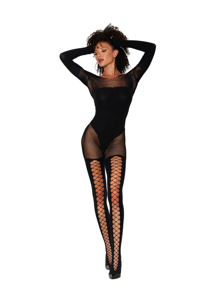 Black Seamless opaque and fishnet bodystocking with knitted opaque for wholesale on Faire