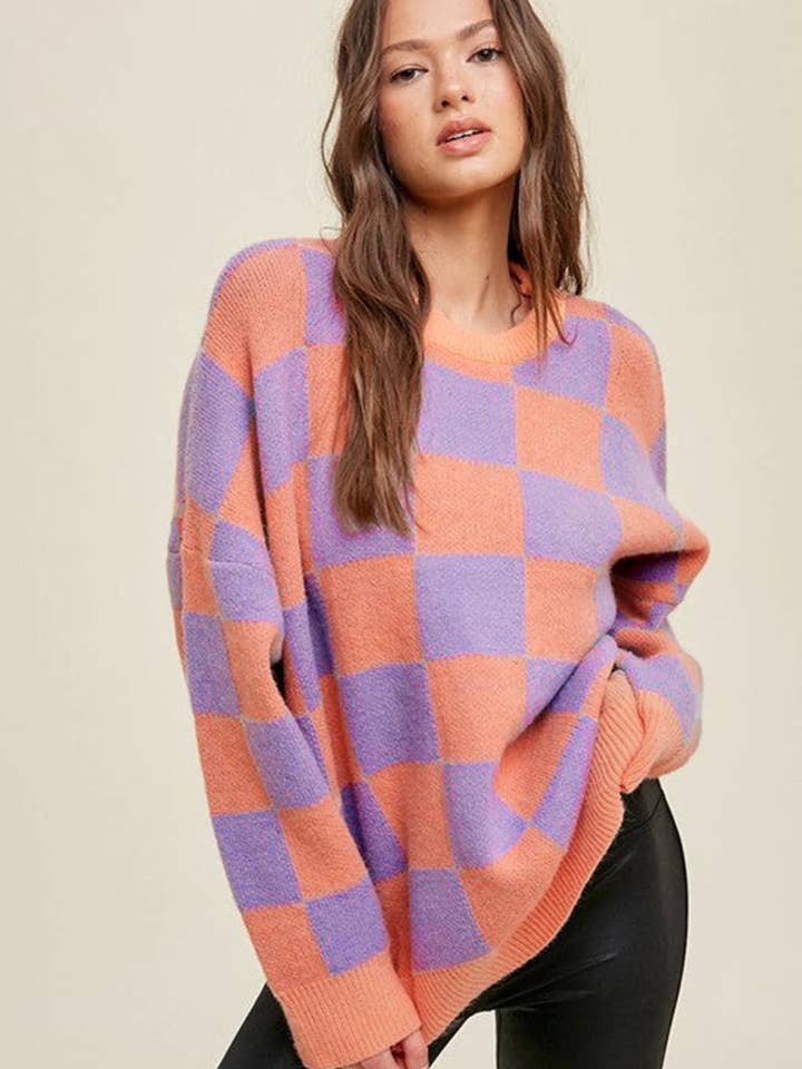 Lovesoft - Wholesale Knit Sweater - Women's - Parchment Checkered Pattern Ribbed Trim Knit Baggy Sweater5