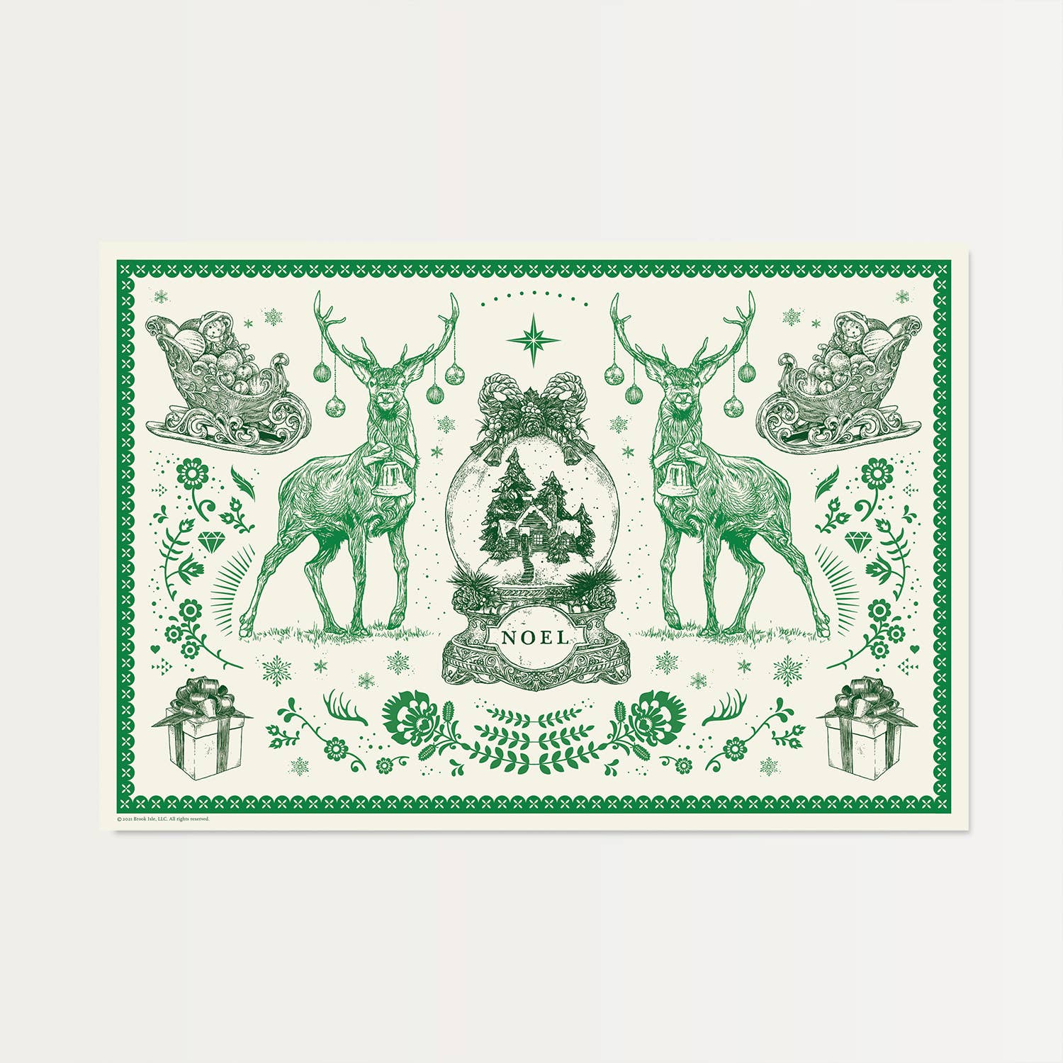 Brook Isle - Wholesale Disposable Placemat - Vintage Holiday Paper Placemats in Green (Set of 12)1