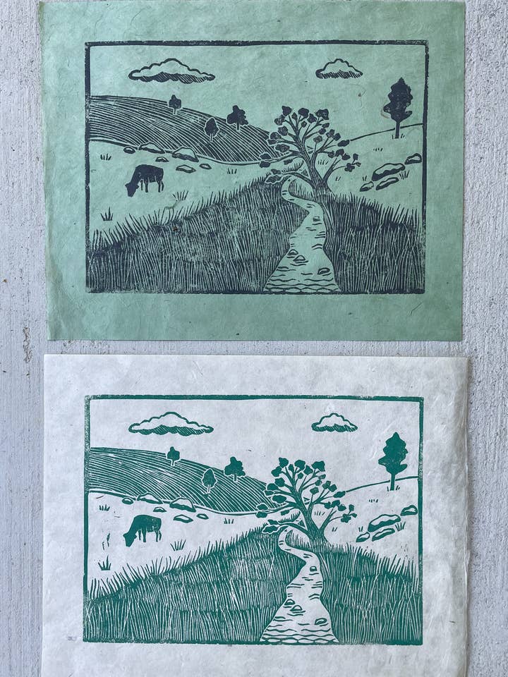 Grabado en linóleo de Brush Creek para venta al por mayor de Field and Forest Design