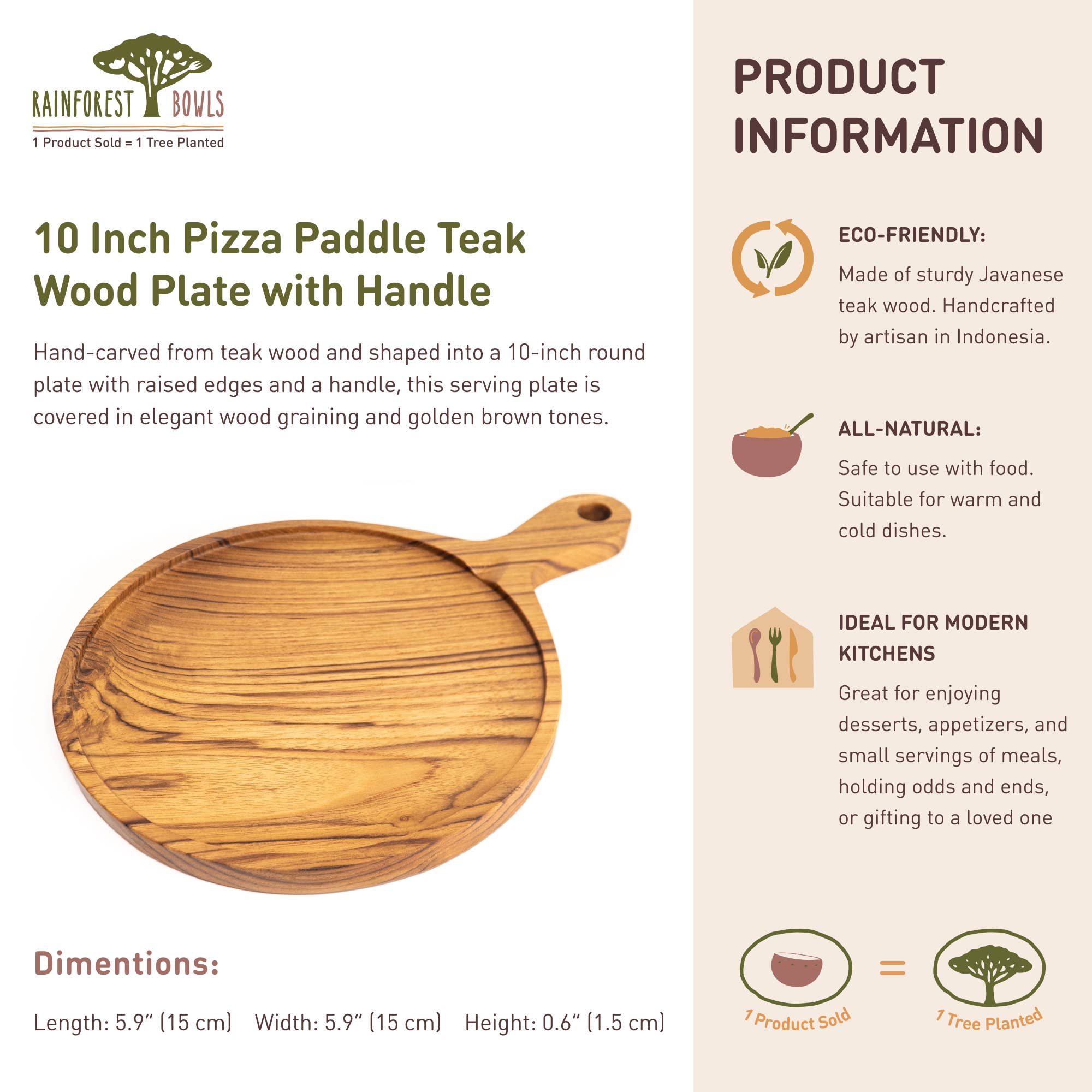Rainforest Bowls - Wholesale Pizza Board - 10 Inch Teak Wood Pizza Board with Handle & Rim10